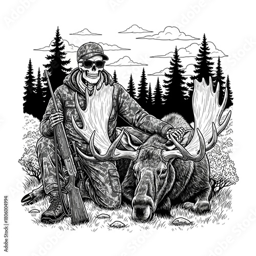 Monochrome illustration of skeleton hunter with rifle posing proudly with a huge hunted moose in forest