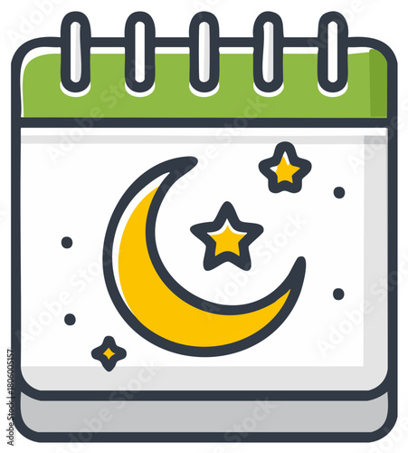 Calendar icon with moon and stars, Islamic holidays and holy month design