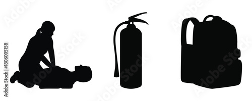 A minimal emergency safety silhouette set including CPR action, fire extinguisher, and backpack icons.