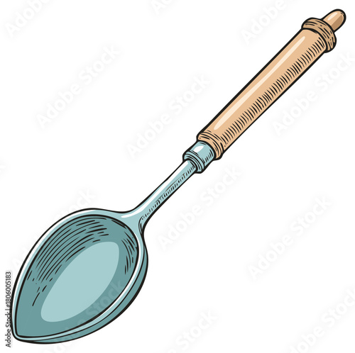 Hand Drawn Serving Spoon with Wooden Handle Kitchen Utensil Illustration