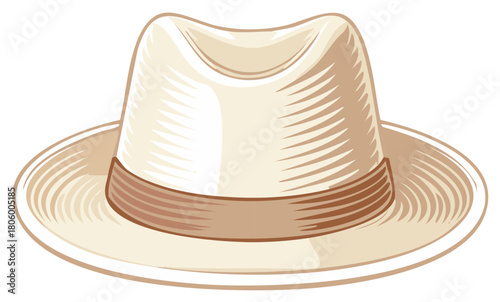 Classic Straw Fedora Hat with a Brown Band Detailed Illustration