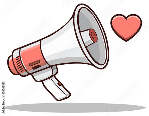 Megaphone projecting a heart symbol indicating love or positive message announcement