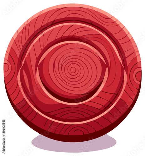 Red wooden game disc with prominent circular wood grain texture digital illustration