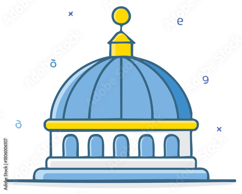Cartoon Capitol Building Dome with Arches in Simple Blue and Yellow Illustration