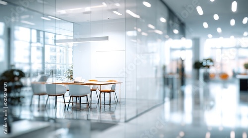 bright modern office interior, white background, blurred backdrop, glass partitions meeting room. High quality