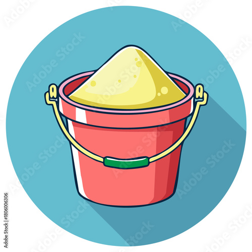 Beach Bucket with Sand. Cartoon illustration of a red bucket filled with sand on a blue circle