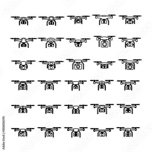 black editable thin linear with pure white background Minimalist drone camera line icons set