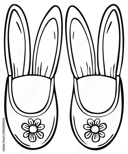 Cute baby slippers with bunny ears and flower decoration outlined in black