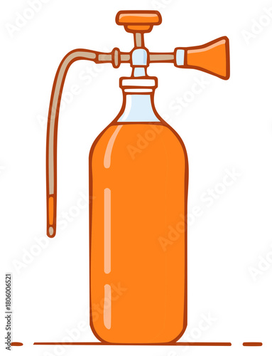Cartoon orange bottle with a classic hand pump mechanism and horn sprayer illustration
