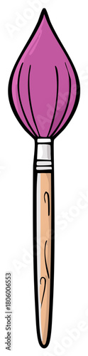Cartoon style makeup brush, pink bristles and light wood handle, drawing element.