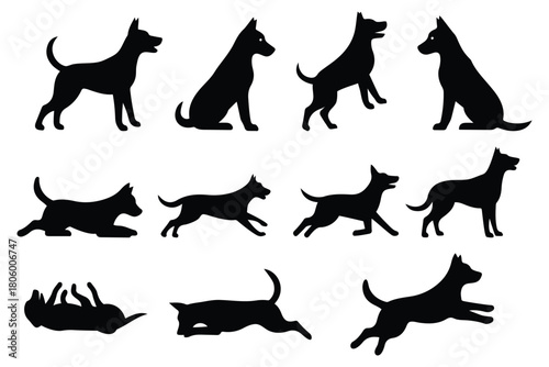 A clean set of dog poses in black silhouette style. Includes sitting, running, standing and playful dog actions.