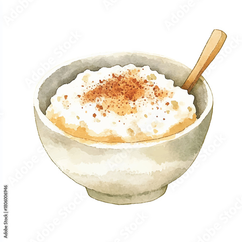 Hand drawn watercolor illustration of a creamy rice pudding bowl.