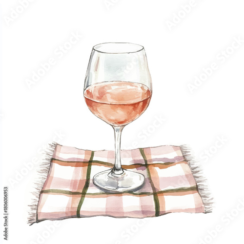 Hand drawn watercolor illustration of a glass of ros wine on a plaid cloth.