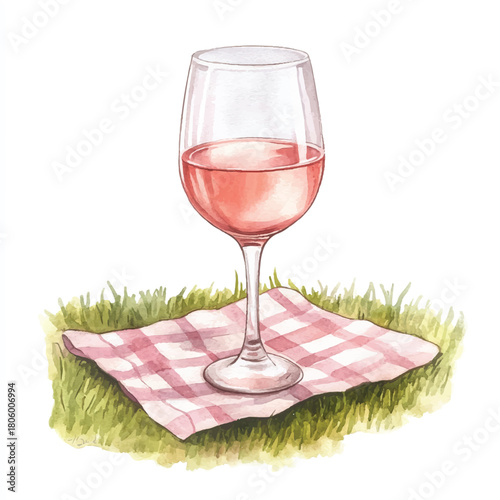 Hand drawn watercolor illustration of a glass of ros wine.