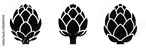 artichoke head minimal food icon set, black color and white background
