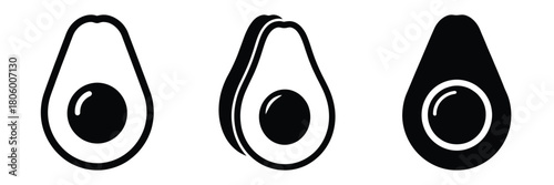 avocado cut minimal food icon set, black color and white background