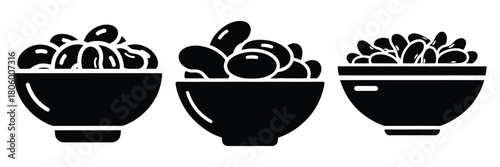 beans bowl minimal food icon set, black color and white background