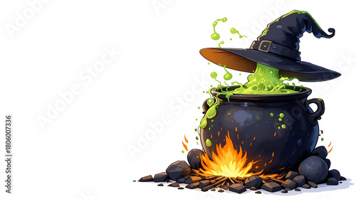 Witch cauldron with green bubbling potion over a fire. Vector cartoon illustration isolated on white background