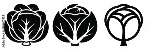 cabbage head minimal food icon set, black color and white background