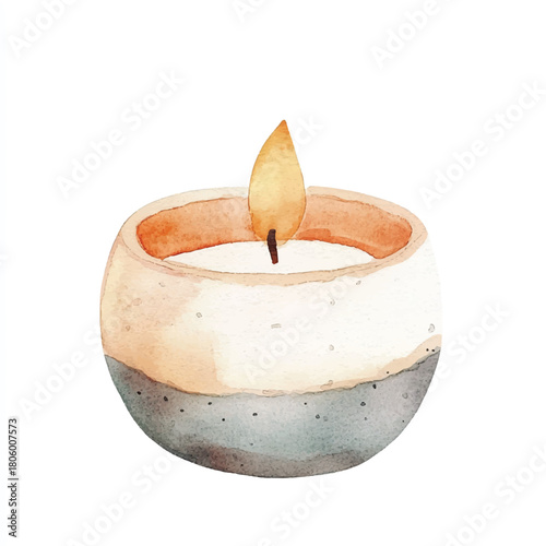 Handpainted watercolor candle in a unique round ceramiclike holder Soft warm colors and a gentle flame.