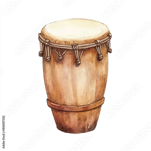 Handpainted watercolor illustration of a single conga drum a traditional percussion instrument.