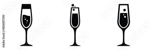 champagne glass minimal food icon set, black color and white background