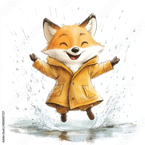 Happy Cartoon Fox in Yellow Raincoat Splashing in Puddle.