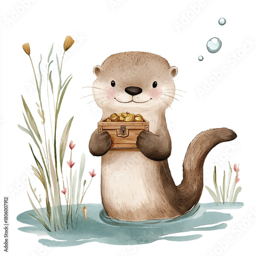 Happy otter holding a treasure chest in the water.