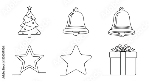 Simple hand drawn outline christmas icons featuring a tree bells stars and a gift box