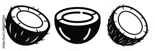 coconut half minimal food icon set, black color and white background