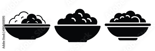 curry bowl minimal food icon set, black color and white background
