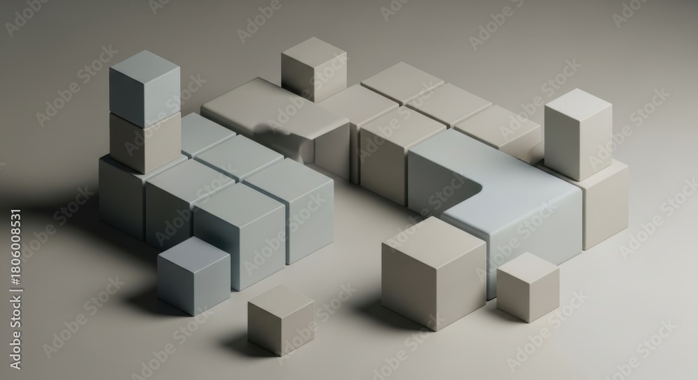 Obraz premium Abstract geometric arrangement of white and grey cubes with varying heights and shadows