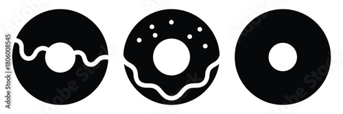 doughnut ring minimal food icon set, black color and white background