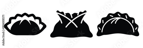 dumpling fold minimal food icon set, black color and white background