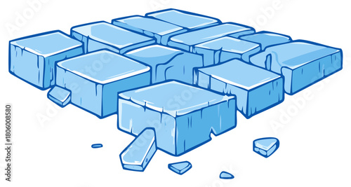 Cartoon illustration of a frozen ground platform made of cracked ice blocks