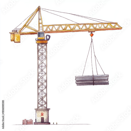 Illustration of a construction crane lifting metal pipes.