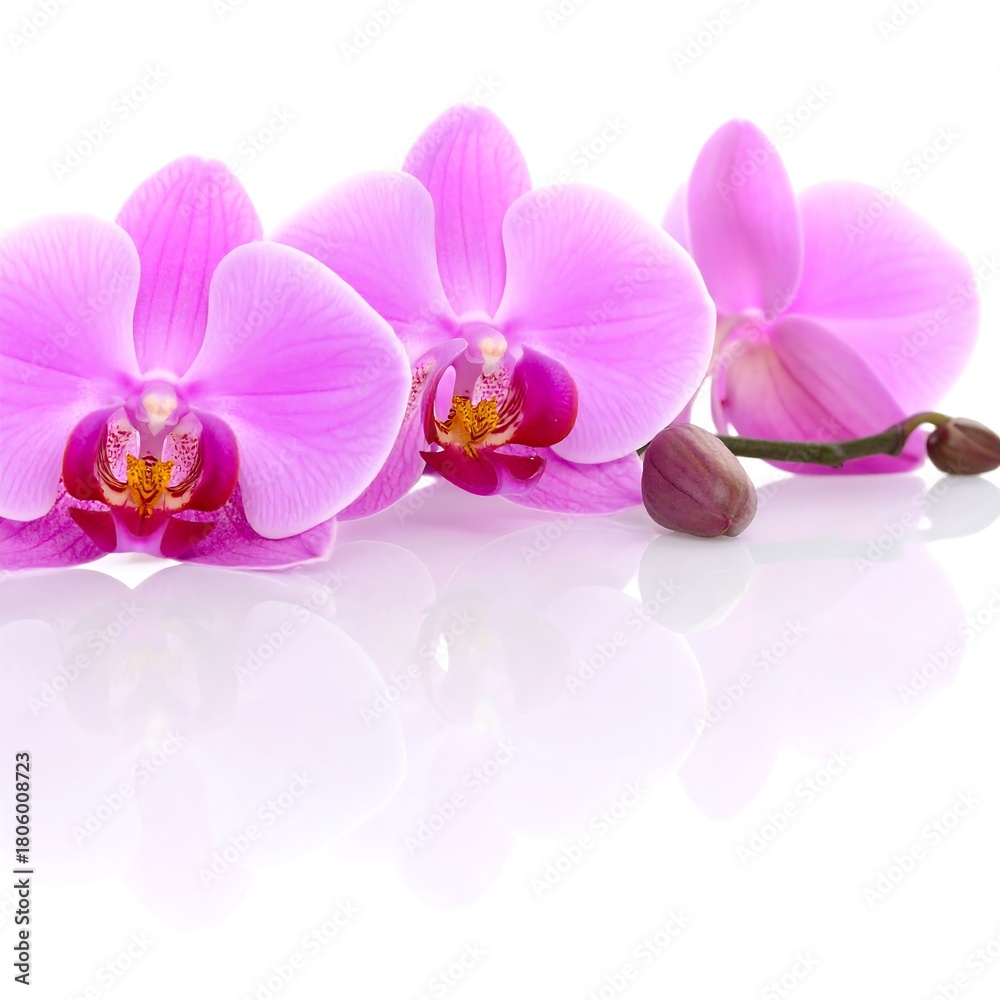 Fototapeta premium Elegant Pink Orchid Blooms on White Reflective Surface.
