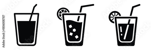 fruit punch minimal food icon set, black color and white background