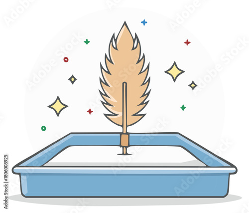 Stylized quill pen with light effects in a sandbox