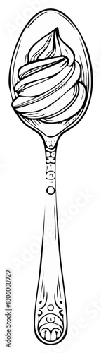 Line Drawing of a Spoon Filled with Swirls of Creamy Dessert