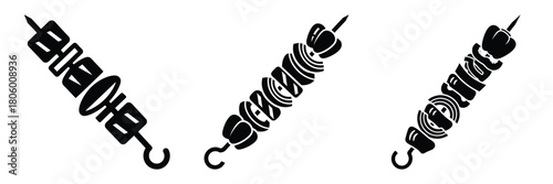 grilled skewer minimal food icon set, black color and white background