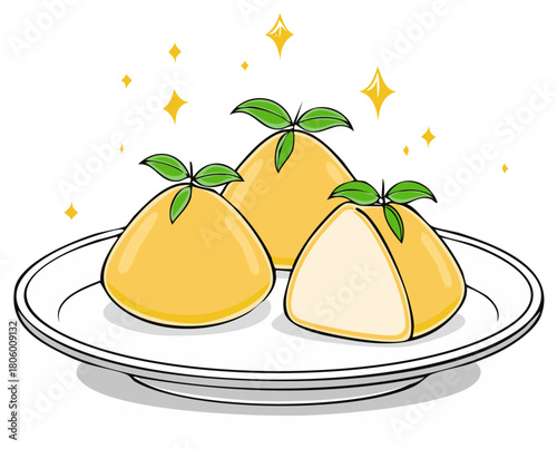 Three sweet yellow mochi desserts with green leaves on a white plate, decorated with sparkling stars