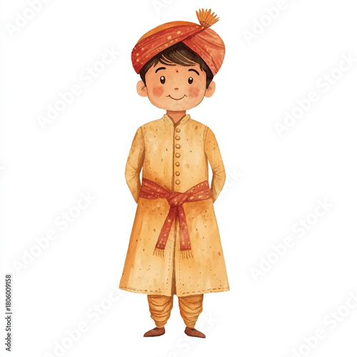Indian boy in traditional attire cheerful expression artistic illustration digital painting cultural representation.