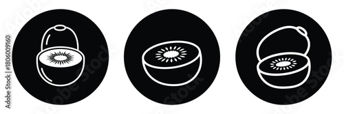 kiwi round minimal food icon set, black color and white background