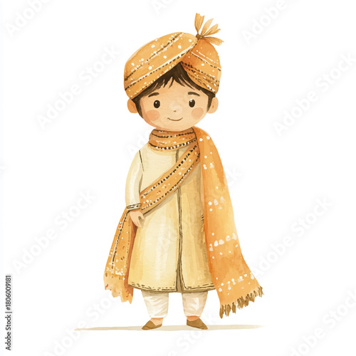 Indian boy in traditional wedding attire with turban and shawl.