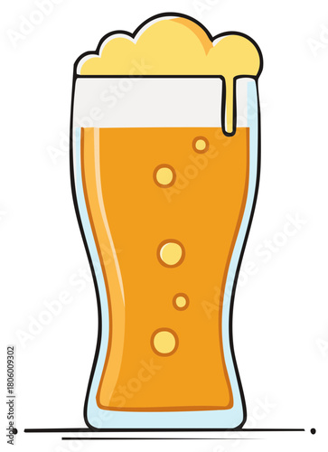 Refreshing golden beer with frothy head and bubbles in a tall glass