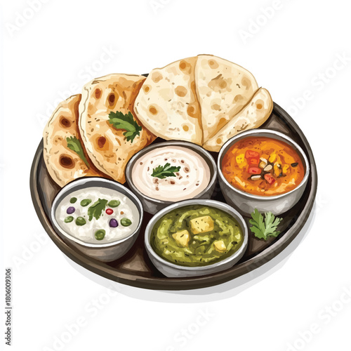 Indian Food Platter with Naan and Curries.