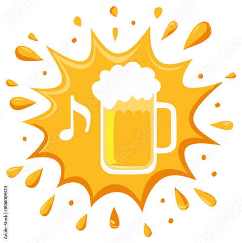 Vibrant Beer Mug with Musical Note and Orange Splash for Festive Celebrations Cartoon Style Illustration