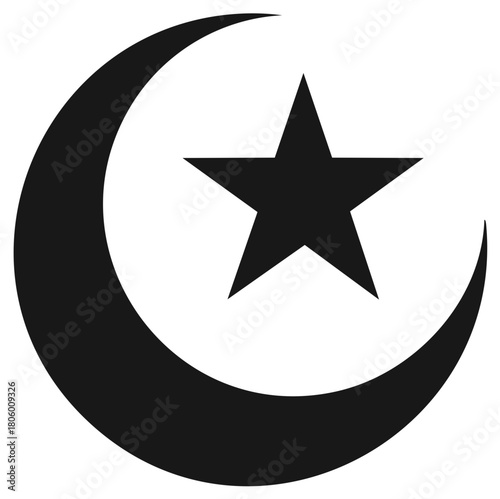Black Crescent Moon and Star Silhouette on White Background, Islamic Symbol