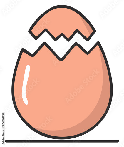 Isolated hatching egg illustration depicting broken eggshell with jagged opening and peach color for easter